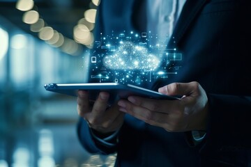 Poster - Businessman holding a tablet with cloud computing technology concept on the screens, AI generated