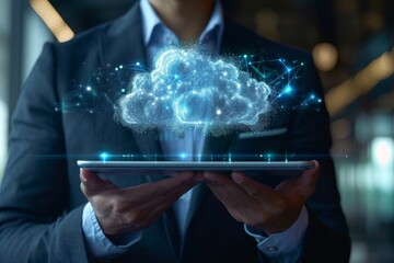 Poster - Businessman holding a tablet with cloud computing technology concept on the screens, AI generated