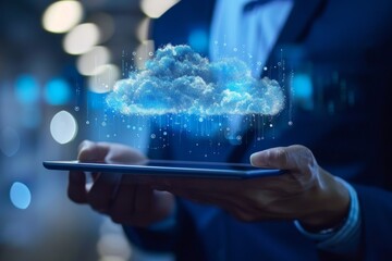 Poster - Businessman holding a tablet with cloud computing technology concept on the screens, AI generated