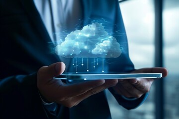 Poster - Businessman holding a tablet with cloud computing technology concept on the screens, AI generated