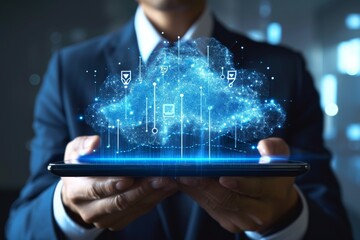 Poster - Businessman holding a tablet with cloud computing technology concept on the screens, AI generated