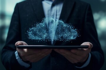 Poster - Businessman holding a tablet with cloud computing technology concept on the screens, AI generated