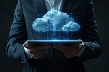 Poster - Businessman holding a tablet with cloud computing technology concept on the screens, AI generated