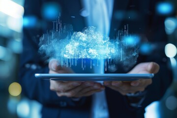 Poster - Businessman holding a tablet with cloud computing technology concept on the screens, AI generated