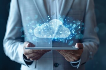Poster - Businessman holding a tablet with cloud computing technology concept on the screens, AI generated