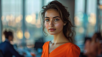 Poster - Asian businesswoman in a bold orange dress, leading a brainstorming session in a conference room with panoramic views of a vibrant city