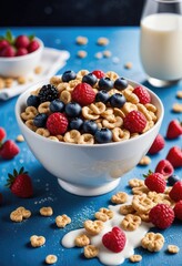 a blue table rests a bowl of cereal adorned with fresh berries and milk, sugar being sprinkled