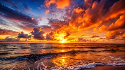 Wall Mural - Sunset over the ocean with fiery clouds and gentle waves.