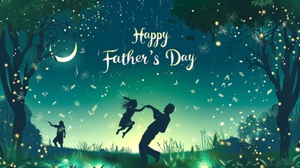 Wall Mural - A lush green meadow under a starry night sky, with a crescent moon casting a soft glow. In the foreground, a father's silhouette is seen playfully swinging his daughter.