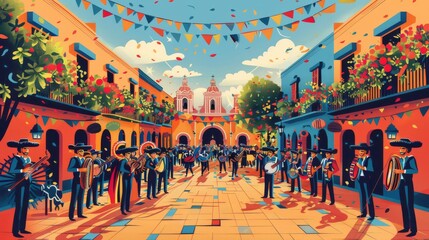 Wall Mural - Colorful vector illustration of a Cinco de Mayo celebration in a plaza, with a mariachi band, dancers, and festive decorations all around Generative AI