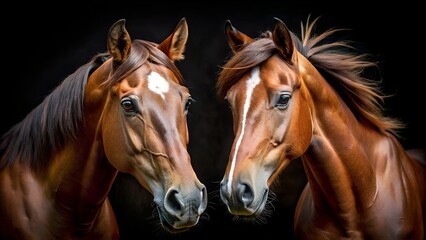 2 horse heads front view on black background