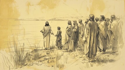 Biblical Illustration of Jesus Appearing to His Disciples at the Sea of Galilee, Ideal for article