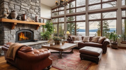 Wall Mural - Luxury living room with stone fireplace and leather sofas, cherry hardwood and nice rug