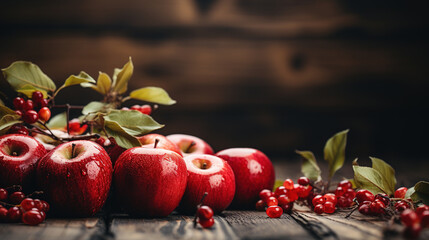 Wall Mural - Rustic Fall Background With Red Leaves and Fresh Apples on Blurry Background