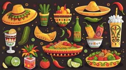 Festive cartoon vector of a Cinco de Mayo celebration with a variety of Mexican dishes, drinks, and decorative elements like sombreros and chili peppers Generative AI