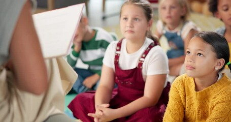 Aufkleber - Kindergarten, story and teacher reading to children in montessori school, classroom and learning. Kids, fairytale and woman teaching language literacy in fantasy with creative preschool education