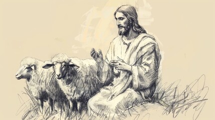 Wall Mural - Jesus' Lesson on the Good Shepherd, Biblical Illustration of Care, Perfect for Religious article