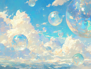 Poster - Pastel Sky With Bubbles Design Background for Social Media with copy space text, for dream, fantasy, and imagination