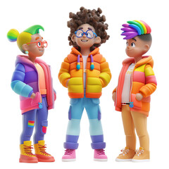 Poster - Three 3D characters representing different LGBTQ+ identities, engaging in a joyful conversation, with a transparent background providing ample copy space.