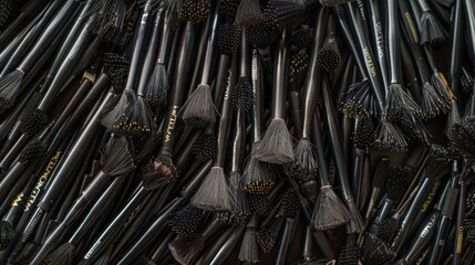 Poster - Intricate Symmetry: Overhead View of Geometrically Arranged Grey Hair Brushes, Highlighting Textured Designs with Bright Lighting