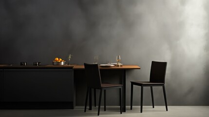 Canvas Print - Minimal background image of elegant black table with two chairs in modern kitchen interior, copy space