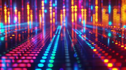 Poster - An energetic music equalizer seamless loop background with vibrant color gradients bursting forth from the spectrum analyzer bars, creating a captivating visual spectacle.