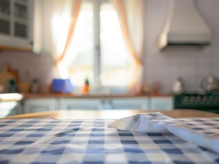 Poster - Serene Cottagecore Kitchen Scene, Light Blue Gingham Table, Soft Natural Lighting