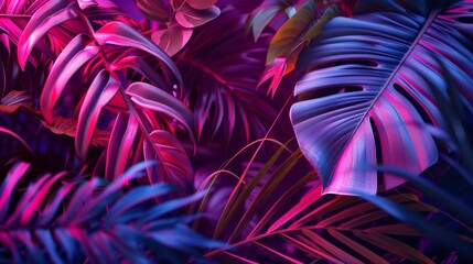 Close-up shots of exotic tropical foliage bathed in neon glow, revealing intricate details and hidden textures.