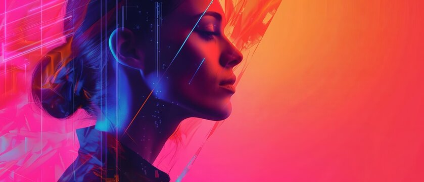 Vivid digital art of a woman's profile against a colorful abstract background, showcasing creativity and technology in harmony.