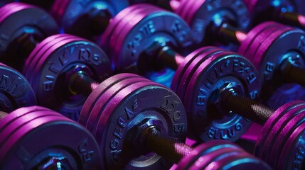 Poster - Artistic Aerial View of Symmetrical Purple Dumbbells Display, Geometric Pattern and Textured Background, Gym Equipment Concept