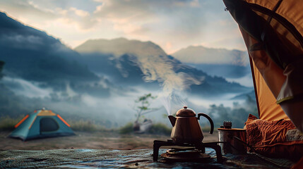 A kettle whistling on a camp stove beside a tent, with misty mountains in the background