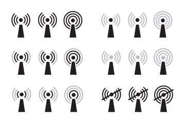Poster - Signal strength WIFI icon set collection. Wireless connection network symbol, Communication tower icon. Antenna transmitting a signal. Symbol of radio, TV signal and mobile communications