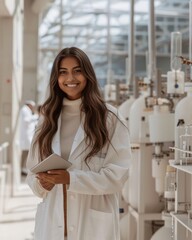 Aufkleber - Confident Young Indian Female Scientist with Tablet in Bright Laboratory Setting
