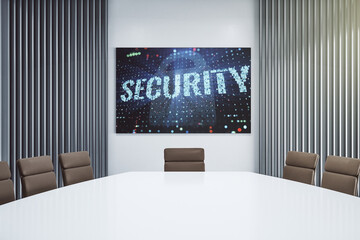 Poster - Cyber security creative concept on presentation screen in a modern conference room. 3D Rendering