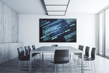 Poster - Abstract software development hologram on presentation tv screen in a modern meeting room, research and analytics concept. 3D Rendering