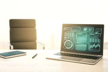 Poster - Modern computer monitor with abstract statistics data hologram interface, computing and analytics concept. 3D Rendering