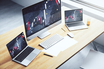 Poster - Computer monitor with abstract creative financial graph with world map, financial and trading concept. 3D Rendering
