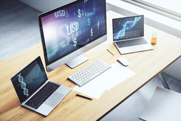 Aufkleber - Creative concept of USD symbols illustration on modern laptop screen. Trading and currency concept. 3D Rendering