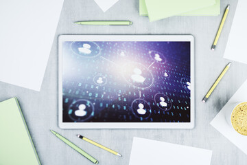Poster - Modern digital tablet monitor with social network icons concept. Marketing and promotion concept. Top view. 3D Rendering