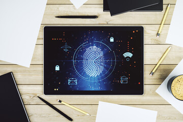 Aufkleber - Modern digital tablet monitor with abstract creative fingerprint hologram, research and development concept. Top view. 3D Rendering
