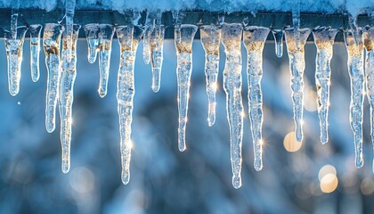 Rows of symmetrical icicles hang from the eaves, glistening in the winter sun and providing space for text overlay.