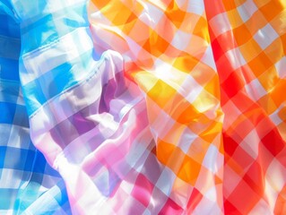Poster - Colorful Gingham Fabric Display in Bright Sunlight, Showcasing Textile Patterns and Cultural Fashion Trends