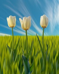 Aufkleber - Abstract Floral Symphony: Blurred Tulips on a Vibrant Green Field under a Blue Sky, Featuring Long Exposure Techniques