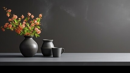 Wall Mural - Modern composition of kitchen space with design kitchen island, grey table, black vase with flowers, furnitures and elegant personal accessories. Stylish home decor. Template