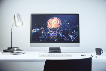 Poster - Creative idea concept with light bulb and human brain illustration on modern laptop screen. Neural networks and machine learning concept. 3D Rendering