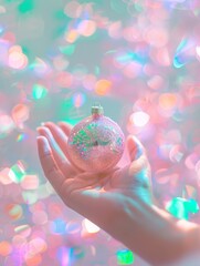 Poster - Festive Holiday Spirit Captured in a Woman's Hand Holding a Pink Christmas Bauble Against a Blurry Holographic Background