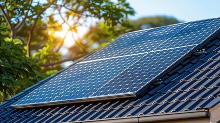 Wall Mural - Capture a close-up of solar panels installed on the roof of a house, with sunlight gleaming off the panels. 