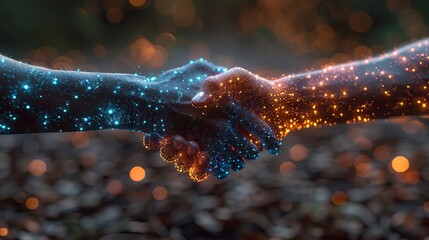 Poster - Digital handshake icons representing international connectivity. stock photo
