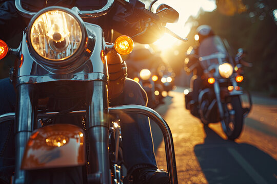 Friends riding motorcycles together at sunset