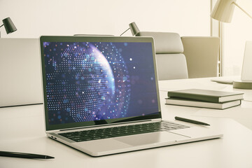 Poster - Abstract graphic world map on modern laptop screen, connection and communication concept. 3D Rendering
